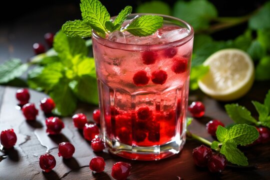Cocktail with cranberries, lemon and mint on dark background