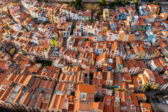 Aerial view of colourful house in Bosa, Oristano, Sardinia, Italy.