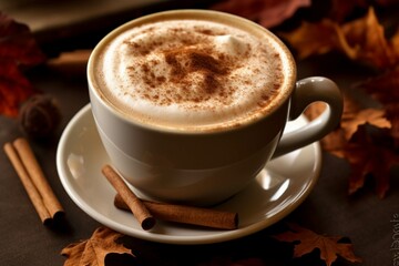 Cappuccino with cinnamon and autumn leaves on a wooden background