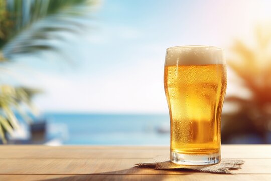 Glass of beer on wooden table on blurred beach background