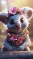 AI generated illustration of a koala with a floral wreath adorning its neck and head