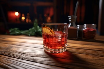 A Negroni cocktail on a wooden table. AI generated