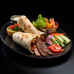 Tortilla wrap with grilled meat and vegetables on black plate.