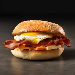 Hamburger with bacon, cheese and egg on a dark background
