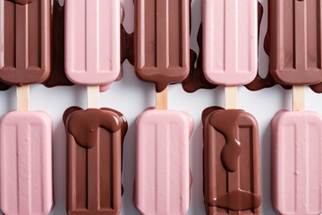 Fototapeta premium Chocolate ice cream laid out in pink on a white background. AI generated