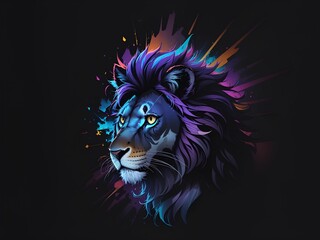 AI generated illustration of a majestic lion head, illuminated by a vibrant light