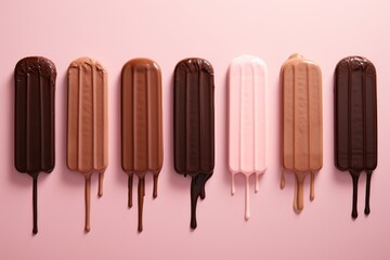 Chocolate ice cream laid out in pink on a white background. AI generated