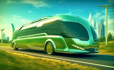 AI generated illustration of a futuristic electric bus traveling down a highway