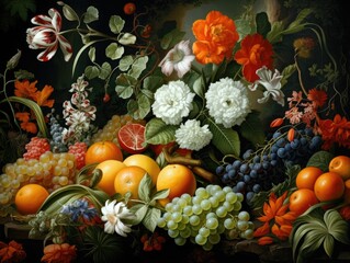 Obraz na płótnie Canvas AI generated illustration of a vibrant still life painting featuring a selection of ripe fruit