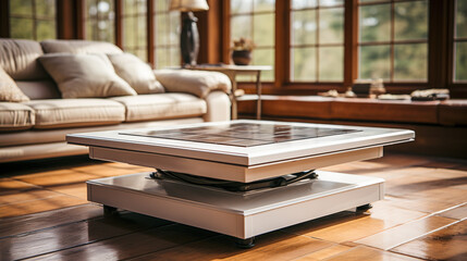 Aesthetic Blend: Modern Wood Coffee Table Product Display Podium in a Living Room, Generative AI
