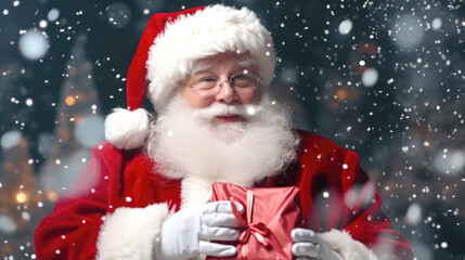 Good Santa Claus with a gift in his hands on a snowy street. Christmas card. Generative AI