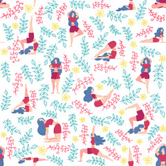 Yoga seamless pattern woman is engaged. Yoga poses, lotus, monstera. Health of mind and body