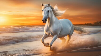 Naklejka na ściany i meble AI generated illustration of a majestic white horse running along a beach by the ocean