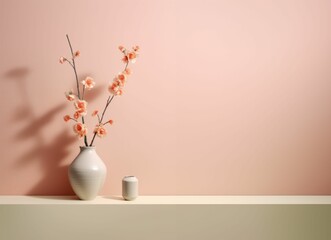 AI generated illustration of A vibrant white shelf with a glass vase containing pink flowers