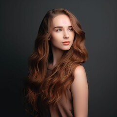 Portrait of a beautiful Caucasian woman with long wavy brown hair. AI-generated.