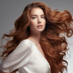 Portrait of a beautiful Caucasian woman with long wavy brown hair. AI-generated.