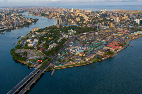 Aerial view of Victoria Island with bridges, trees and highrise buildings, Lagos, Nigeria.
