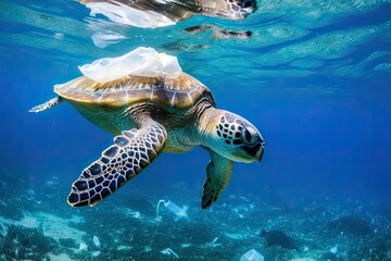 Fototapeta premium AI generated sea turtle swimming in an ocean polluted with plastic bag