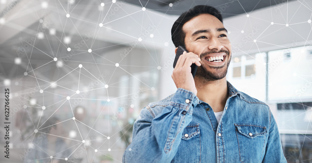 Poster network, thinking and a businessman on a phone call with an overlay for planning and communication. 