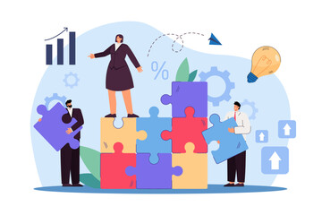Business people holding puzzle pieces vector illustration. Coworkers building project, working together in team and supporting each other. Unity, togetherness, teamwork concept