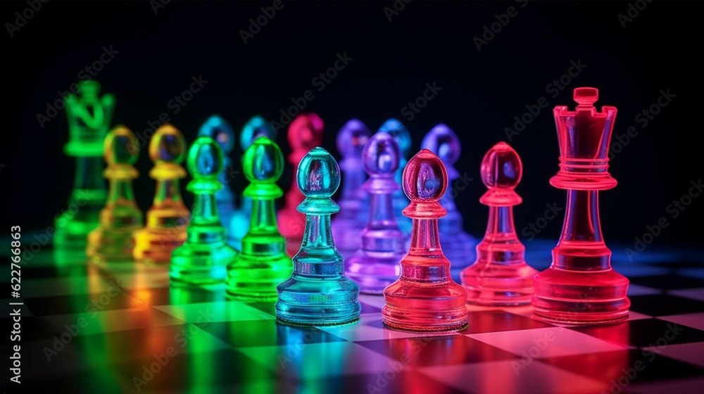Poster illuminated chessboard with colorful chess pieces arranged on its surface. ai-generated.