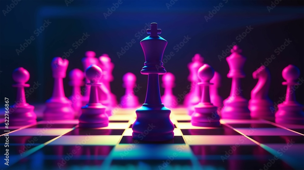 Poster illuminated chessboard with chess pieces arranged on its surface. ai-generated.