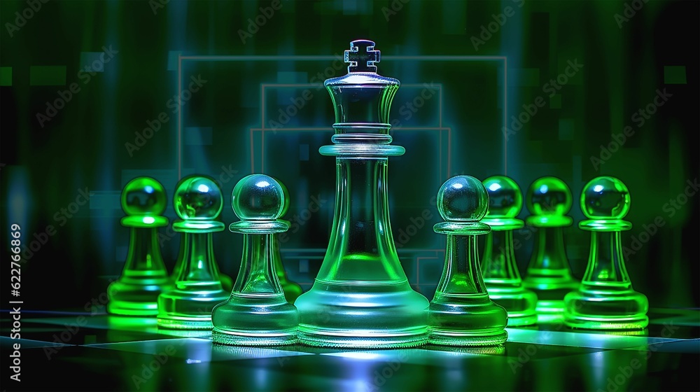 Poster illuminated chessboard with green chess pieces arranged on its surface. ai-generated.