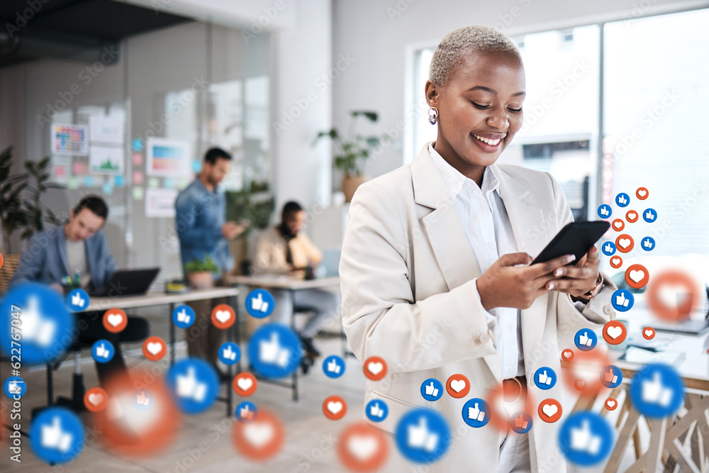Poster Social media, icon and woman use phone in an office texting or networking as communication with overlay of like emoji. Digital, chat and employee or worker texting on a mobile app, website or web