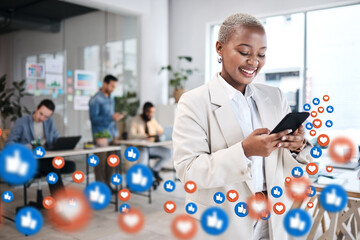 Social media, icon and woman use phone in an office texting or networking as communication with...