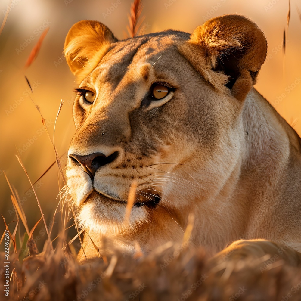 Poster AI generated female lion standing lying on grass