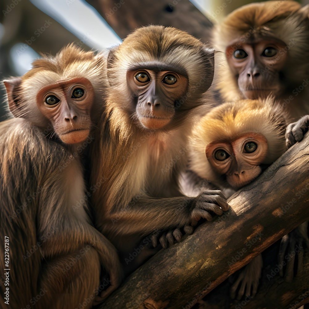 Poster ai generated image of monkeys perching on tree