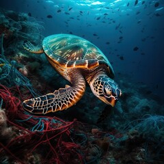 AI generated illustration of a turtle swimming in the polluted sea