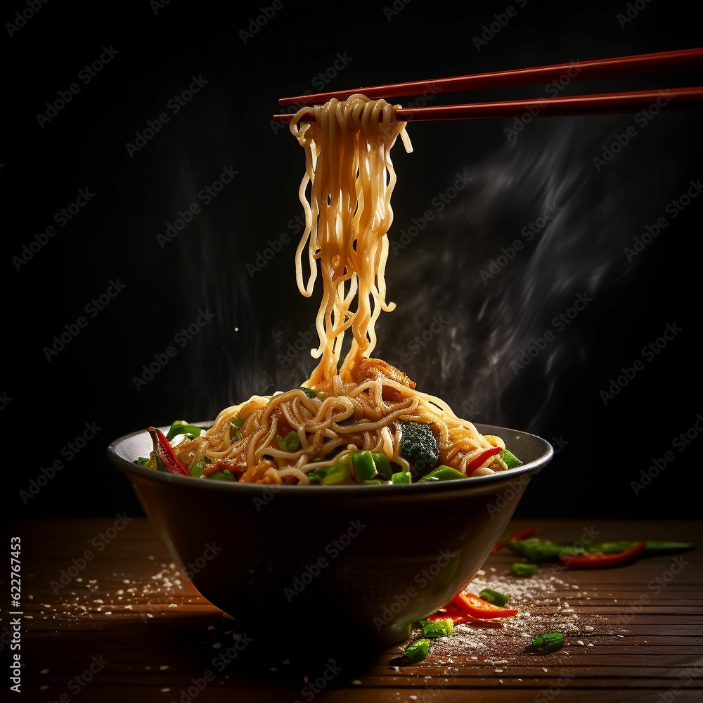 Sticker AI generated  bowl of steaming noodles