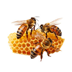 three bees and honeycomb, isolated on transparent background cutout, generative ai