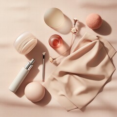 AI generated illustration of a selection of cosmetic products on a pink background