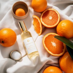 AI generated illustration of a clear glass bottle of perfume with orange slices beside it
