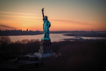 AI generated Statue of Liberty against a majestic landscape of a glistening blue lake