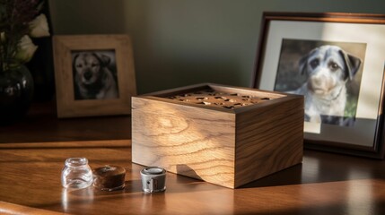 AI generated wooden box near frames with dog pictures