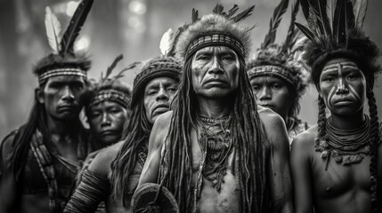Fototapeta na wymiar AI generated illustration of Indigenous men wearing traditional headdresses standing in a forest