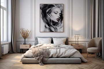 Modern bedroom interior illustration, scandinavian design, by Generative AI