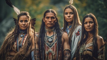 Fototapeta premium AI generated illustration of Native American women wearing feathered headdresses in a forest setting