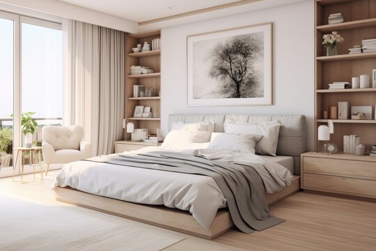 Modern bedroom interior illustration, scandinavian design, by Generative AI