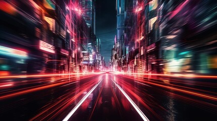 AI generated nighttime cityscape with bright lights and motion blurring