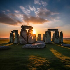 AI generated illustration of the magnificent Stonehenge monument against a golden sunset