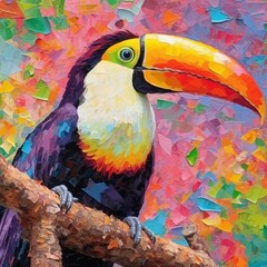 AI generated illustration of an oil painting of a toucan bird in front of vibrant foliage