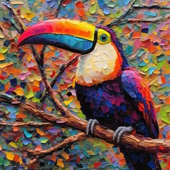 AI generated illustration of an oil painting of a toucan bird in front of vibrant foliage