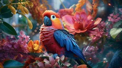 AI generated illustration of a vibrant parrot perched on colorful flowers