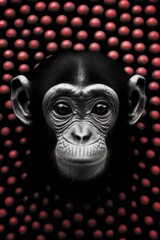 AI generated illustration of A chimpanzee emerging from red balls and looking at the camera