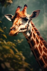 AI generated illustration of A close-up of a giraffe standing near a cluster of trees