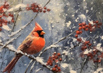 AI generated illustration of an oil painting of a red cardinal perched on a snow-covered branch